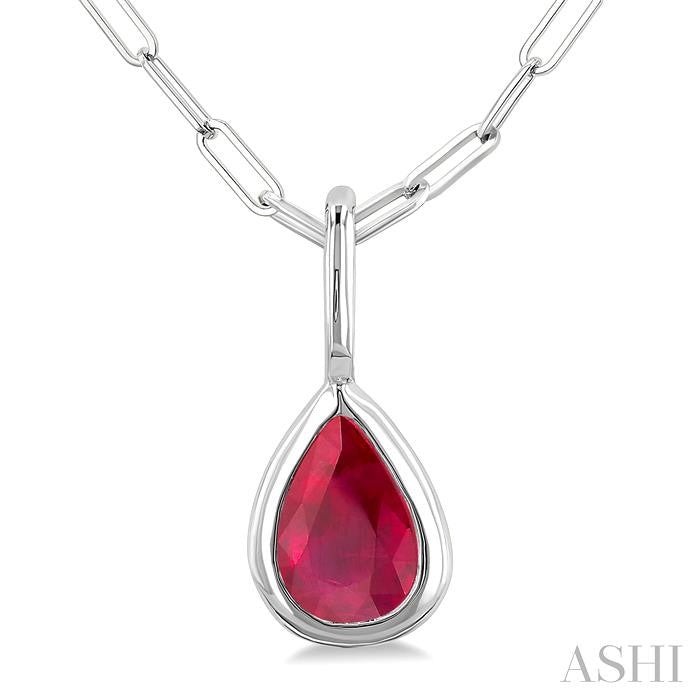 6x4 MM Bezel Set Pear Cut Ruby Precious Fashion Pendant With Paperclip Chain in 10K White Gold