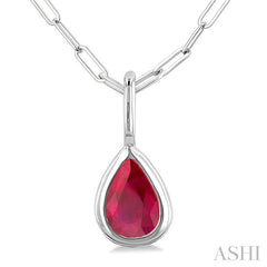 6x4 MM Bezel Set Pear Cut Ruby Precious Fashion Pendant With Paperclip Chain in 10K White Gold