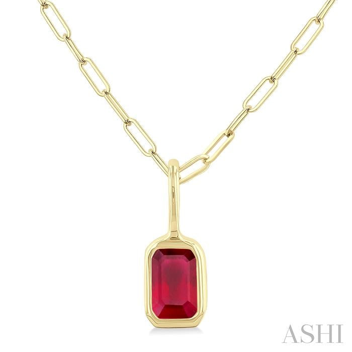 6x4 MM Bezel Set Emerald Cut Ruby Precious Fashion Pendant With Paperclip Chain in 10K Yellow Gold