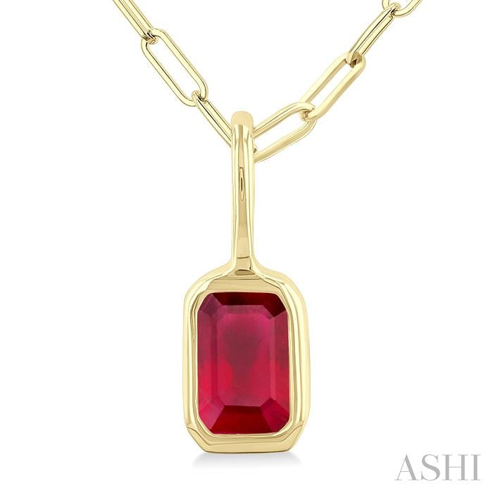 6x4 MM Bezel Set Emerald Cut Ruby Precious Fashion Pendant With Paperclip Chain in 10K Yellow Gold