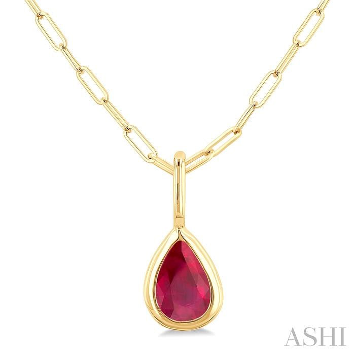 6x4 MM Bezel Set Pear Cut Ruby Precious Fashion Pendant With Paperclip Chain in 10K Yellow Gold