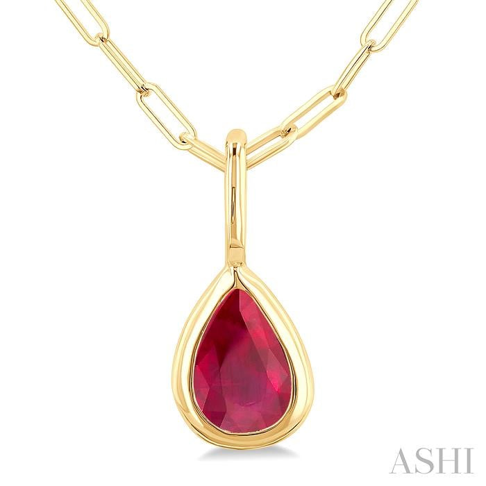 6x4 MM Bezel Set Pear Cut Ruby Precious Fashion Pendant With Paperclip Chain in 10K Yellow Gold