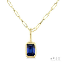 6x4 MM Bezel Set Emerald Cut Sapphire Precious Fashion Pendant With Paperclip Chain in 10K Yellow Gold