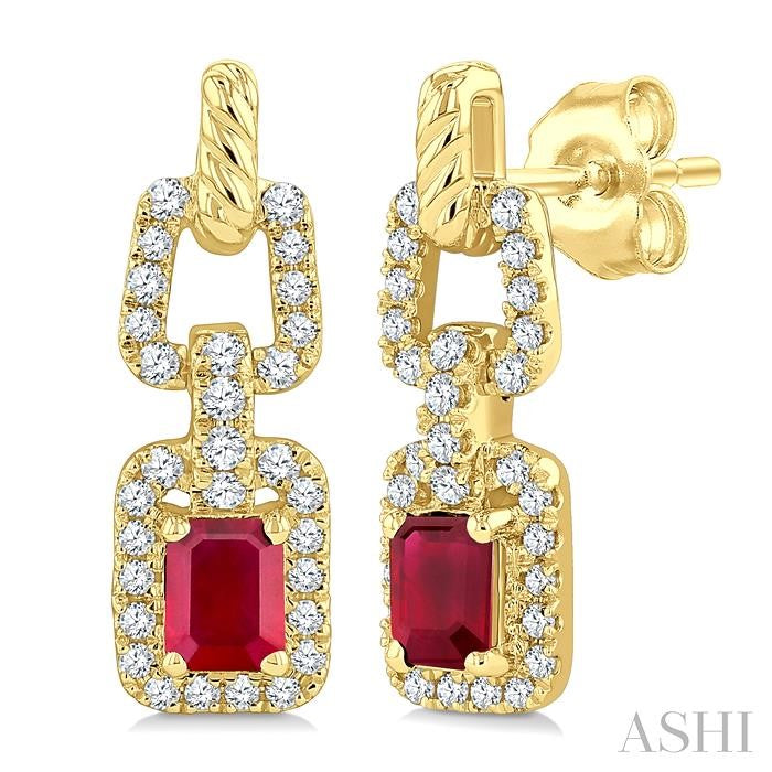 1/4 Ctw 4X3MM Octagon Shape Ruby and Round Cut Diamond Halo Precious Link Earring in 14K Yellow Gold