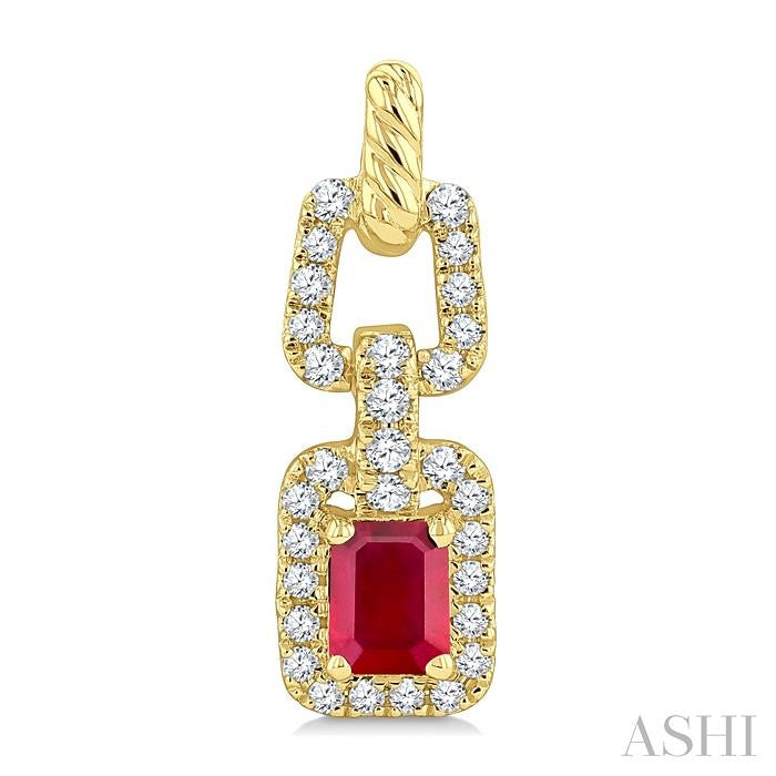 1/4 Ctw 4X3MM Octagon Shape Ruby and Round Cut Diamond Halo Precious Link Earring in 14K Yellow Gold
