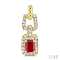 1/4 Ctw 4X3MM Octagon Shape Ruby and Round Cut Diamond Halo Precious Link Earring in 14K Yellow Gold