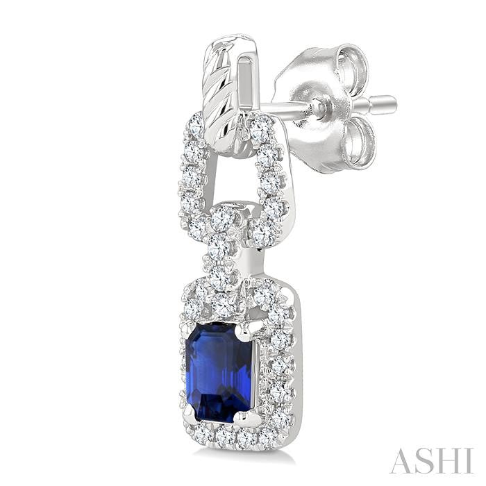 1/4 Ctw 4X3MM Octagon Shape Sapphire and Round Cut Diamond Halo Precious Link Earring in 14K White Gold