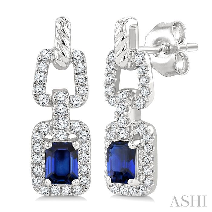 1/4 Ctw 4X3MM Octagon Shape Sapphire and Round Cut Diamond Halo Precious Link Earring in 14K White Gold