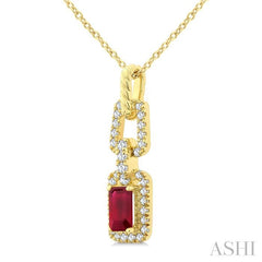 1/6 Ctw 5X3MM Octagon Shape Ruby and Round Cut Diamond Halo Precious Link Pendant With Chain in 14K Yellow Gold
