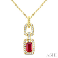 1/6 Ctw 5X3MM Octagon Shape Ruby and Round Cut Diamond Halo Precious Link Pendant With Chain in 14K Yellow Gold