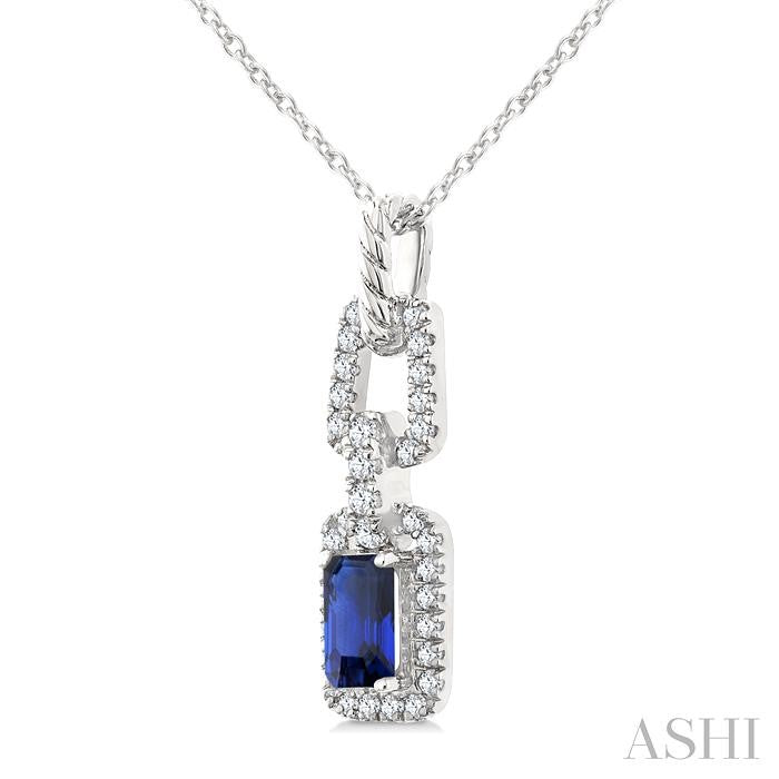 1/6 Ctw 5X3MM Octagon Shape Sapphire and Round Cut Diamond Halo Precious Link Pendant With Chain in 14K White Gold