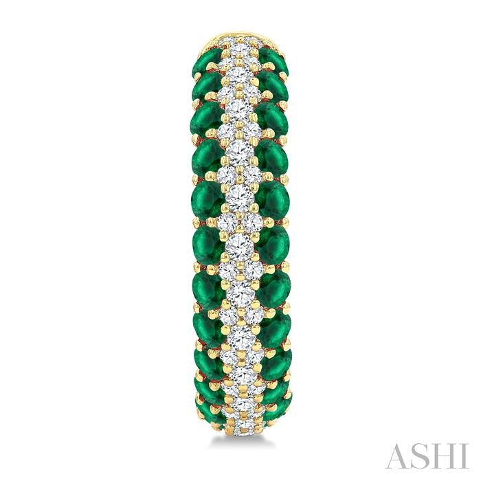1/2 Ctw 2MM Round Cut Emerald and Round Cut Diamond Precious Hoop Earring in 14K Yellow Gold