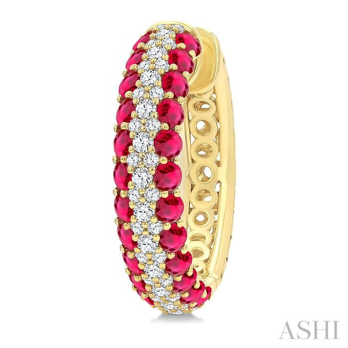 1/2 Ctw 2MM Round Cut Ruby and Round Cut Diamond Precious Hoop Earring in 14K Yellow Gold