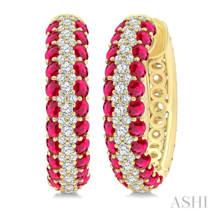 1/2 Ctw 2MM Round Cut Ruby and Round Cut Diamond Precious Hoop Earring in 14K Yellow Gold