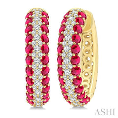 1/2 Ctw 2MM Round Cut Ruby and Round Cut Diamond Precious Hoop Earring in 14K Yellow Gold