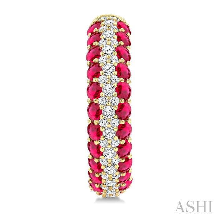 1/2 Ctw 2MM Round Cut Ruby and Round Cut Diamond Precious Hoop Earring in 14K Yellow Gold