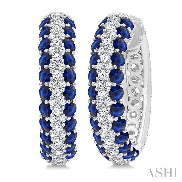 1/2 Ctw 2MM Round Cut Sapphire and Round Cut Diamond Precious Hoop Earring in 14K White Gold