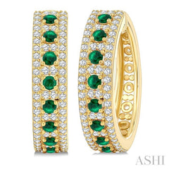 3/4 Ctw 2.00MM Round Cut Emerald and Round Cut Diamond Precious Hoop Earring in 14K Yellow Gold