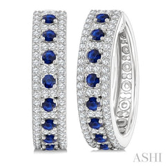 3/4 Ctw 2.00MM Round Cut Sapphire and Round Cut Diamond Precious Hoop Earring in 14K White Gold