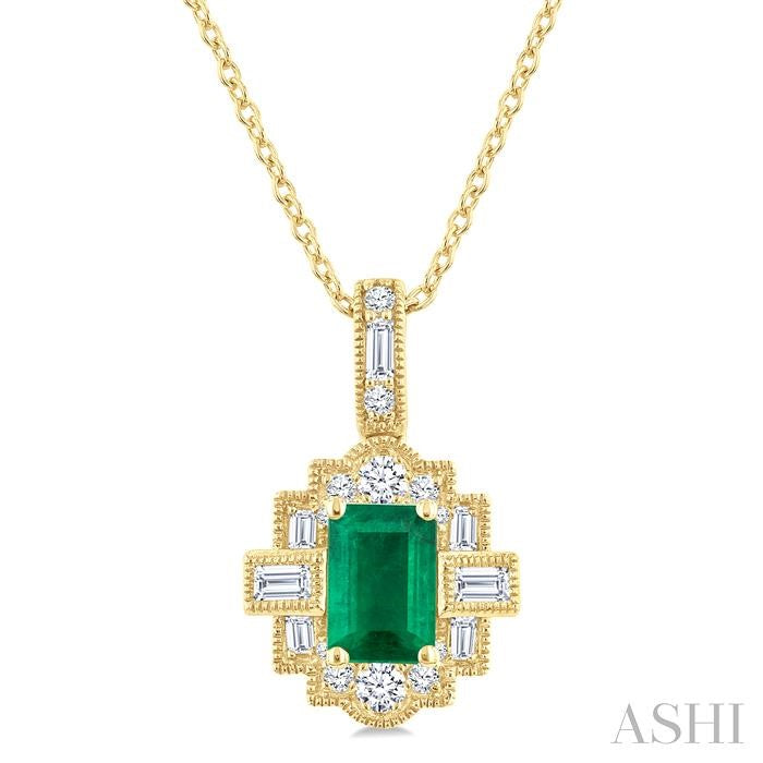 6X4 MM Octagon Shape Emerald and 1/4 Ctw Round and Baguette Cut Diamond Precious Pendant With Chain in 14K Yellow Gold