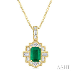 6X4 MM Octagon Shape Emerald and 1/4 Ctw Round and Baguette Cut Diamond Precious Pendant With Chain in 14K Yellow Gold