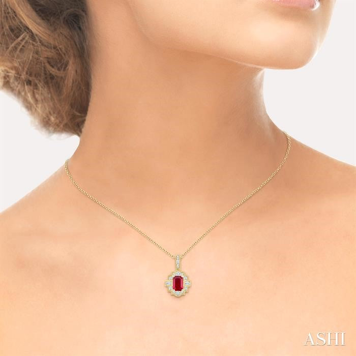6X4 MM Octagon Shape Ruby and 1/4 Ctw Round and Baguette Cut Diamond Precious Pendant With Chain in 14K Yellow Gold