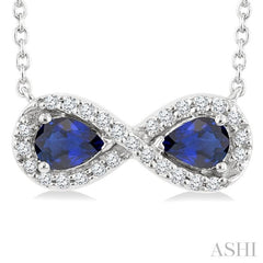 4X3 MM Pear Shape Sapphire and 1/10 Ctw Round Cut Diamond Precious Infinite Halo Pendant With Chain in 10K White Gold