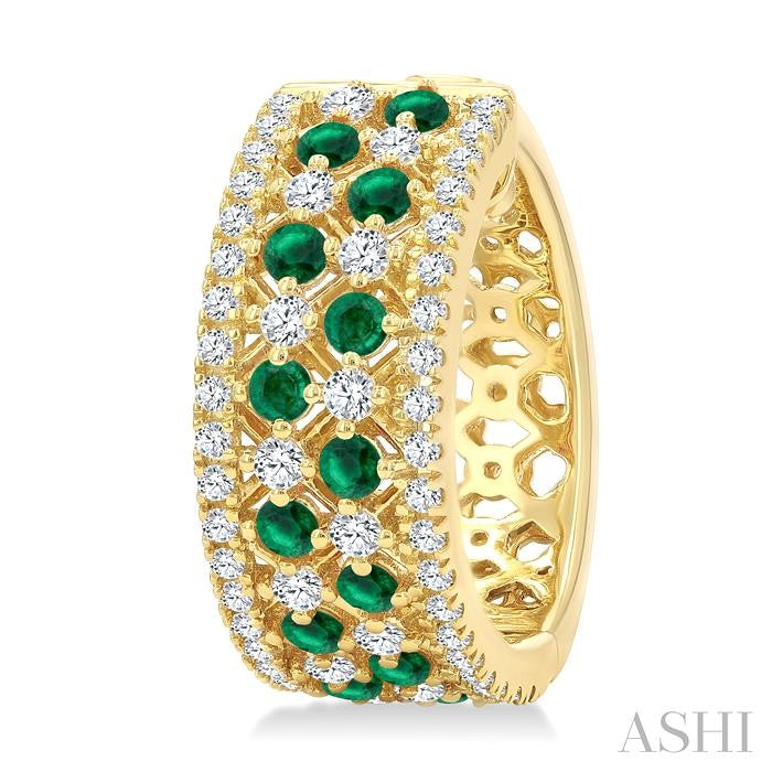 1 Ctw Fretwork 2MM Round Cut Emerald and Round Cut Diamond Precious Hoop Earring in 14K Yellow Gold