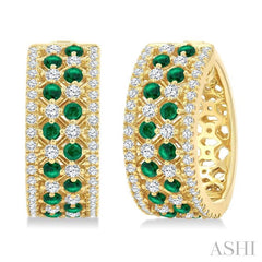 1 Ctw Fretwork 2MM Round Cut Emerald and Round Cut Diamond Precious Hoop Earring in 14K Yellow Gold