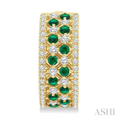 1 Ctw Fretwork 2MM Round Cut Emerald and Round Cut Diamond Precious Hoop Earring in 14K Yellow Gold