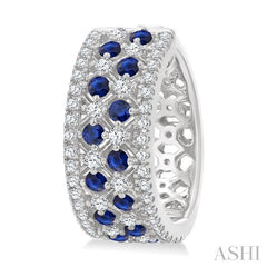 1 Ctw Fretwork 2MM Round Cut Sapphire and Round Cut Diamond Precious Hoop Earring in 14K White Gold
