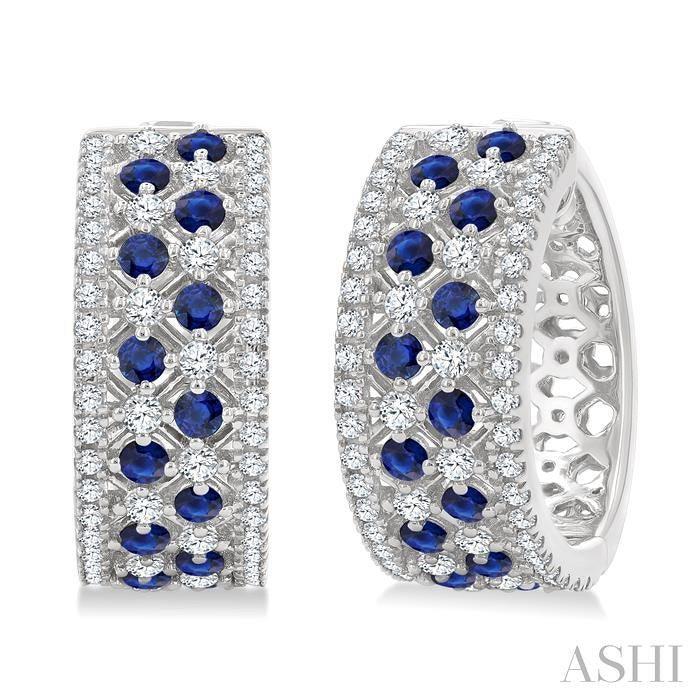 1 Ctw Fretwork 2MM Round Cut Sapphire and Round Cut Diamond Precious Hoop Earring in 14K White Gold