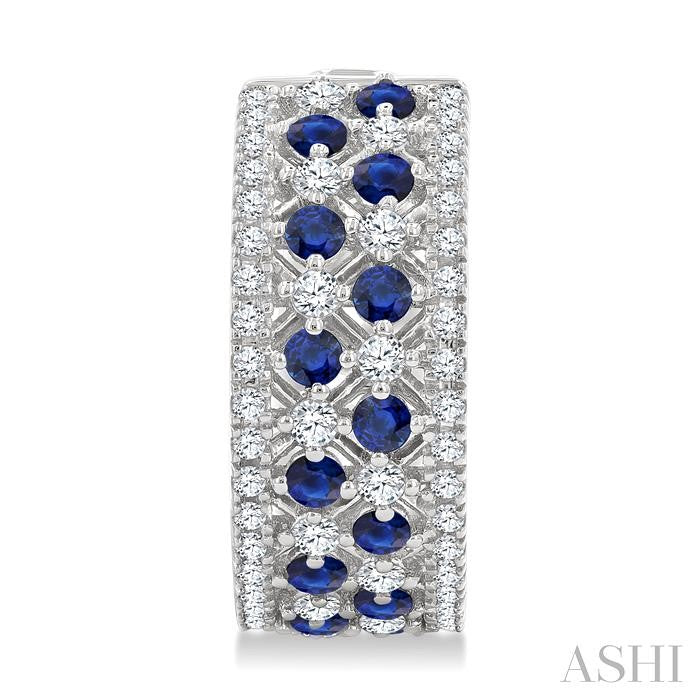 1 Ctw Fretwork 2MM Round Cut Sapphire and Round Cut Diamond Precious Hoop Earring in 14K White Gold