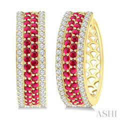 5/8 Ctw Twin Row 1.50MM Round Cut Ruby and Round Cut Diamond Precious Hoop Earring in 14K Yellow Gold