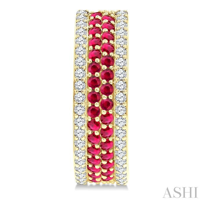 5/8 Ctw Twin Row 1.50MM Round Cut Ruby and Round Cut Diamond Precious Hoop Earring in 14K Yellow Gold