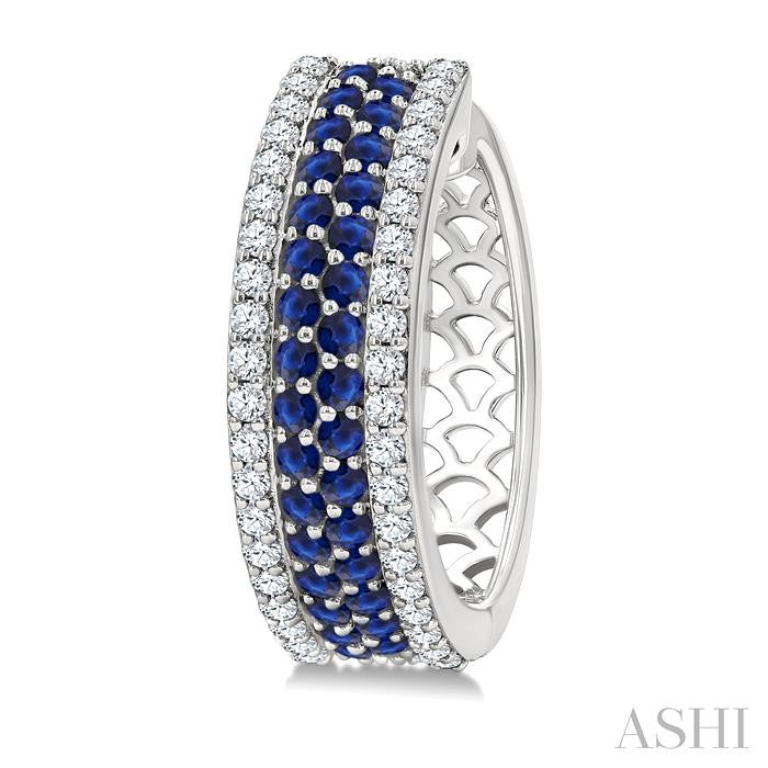 5/8 Ctw Twin Row 1.50MM Round Cut Sapphire and Round Cut Diamond Precious Hoop Earring in 14K White Gold
