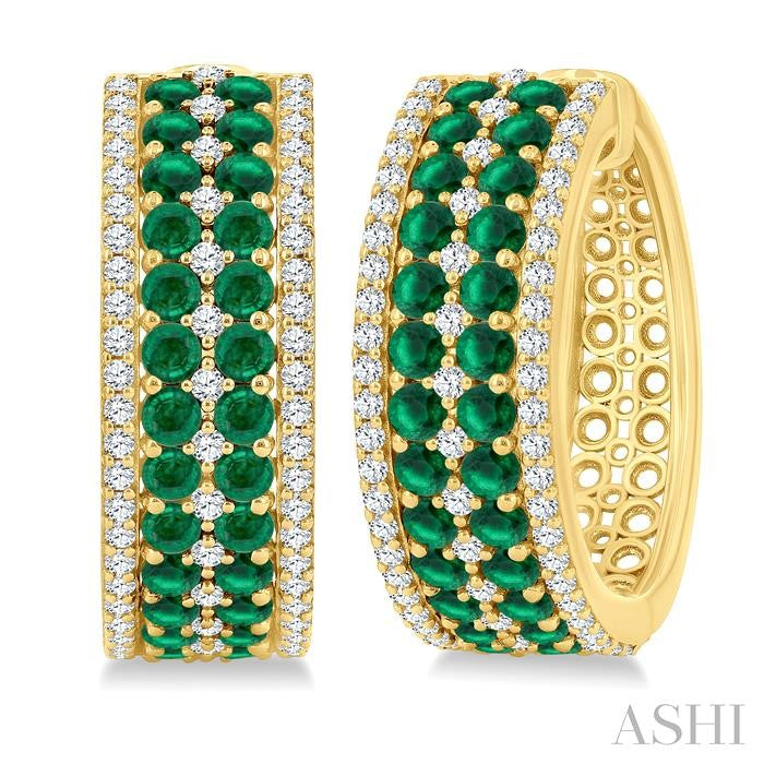 3/4 Ctw 2.00MM Round Cut Emerald and Round Cut Diamond Precious Hoop Earring in 14K Yellow Gold