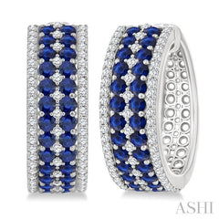 3/4 Ctw 2.00MM Round Cut Sapphire and Round Cut Diamond Precious Hoop Earring in 14K White Gold