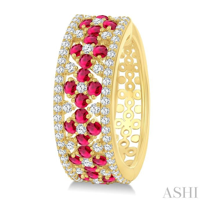 3/4 Ctw Floral Panel 1.80MM Round Cut Ruby and Round Cut Diamond Precious Hoop Earring in 14K Yellow Gold