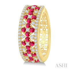 3/4 Ctw Floral Panel 1.80MM Round Cut Ruby and Round Cut Diamond Precious Hoop Earring in 14K Yellow Gold