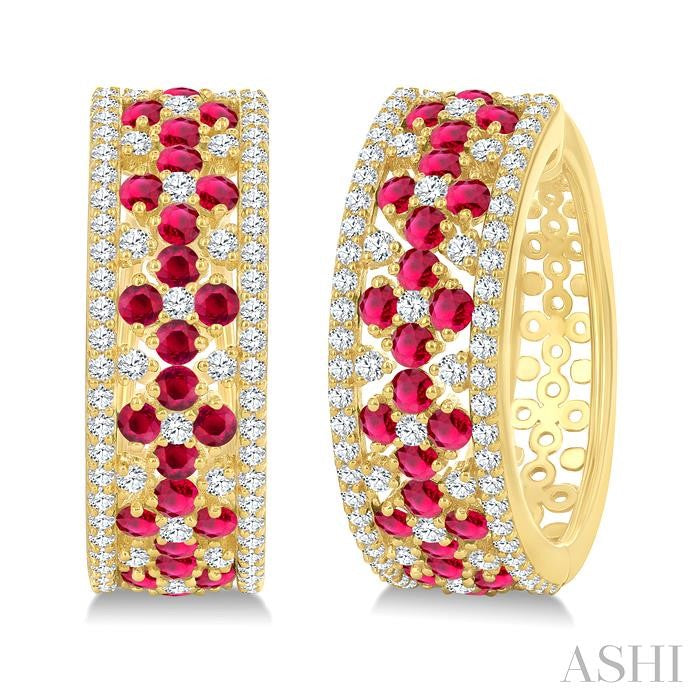 3/4 Ctw Floral Panel 1.80MM Round Cut Ruby and Round Cut Diamond Precious Hoop Earring in 14K Yellow Gold