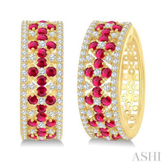 3/4 Ctw Floral Panel 1.80MM Round Cut Ruby and Round Cut Diamond Precious Hoop Earring in 14K Yellow Gold