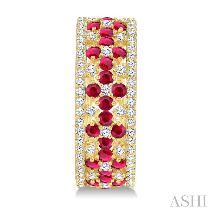3/4 Ctw Floral Panel 1.80MM Round Cut Ruby and Round Cut Diamond Precious Hoop Earring in 14K Yellow Gold