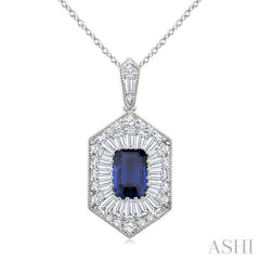 1/2 Ctw Art Deco Hexagon 6X4MM Octagon Shape Sapphire, Baguette and Round Cut Diamond Precious Pendant With Chain in 14K White Gold