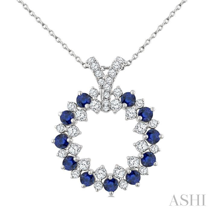 2.5 MM Round Shape Sapphire and 5/8 Ctw Round Cut Diamond Precious Circle Pendant With Chain in 14K White Gold