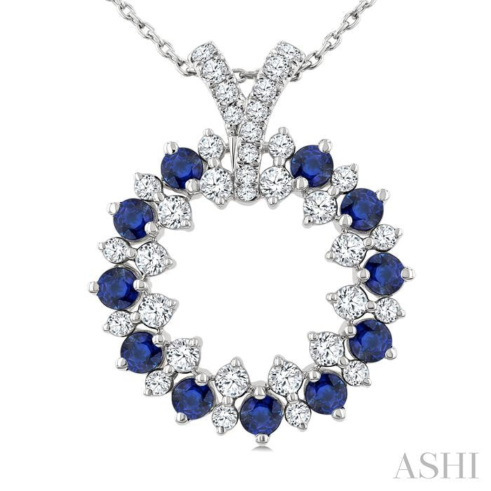 2.5 MM Round Shape Sapphire and 5/8 Ctw Round Cut Diamond Precious Circle Pendant With Chain in 14K White Gold