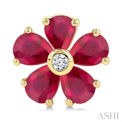 4x3 MM Blossom Pear Shape Ruby and 1/20 Ctw Round Cut Diamond Precious Stud Earrings in 10K Yellow Gold