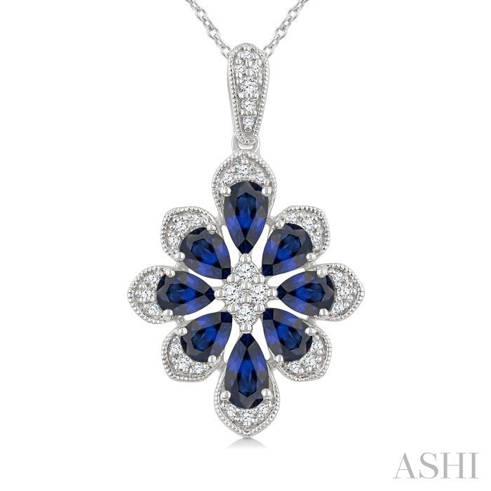 1/6 Ctw Floral Motif 5X3MM & 4X3MM Pear Cut Sapphire and Round Cut Diamond Precious Pendant With Chain in 10K White Gold