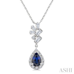 6X4MM Pear Cut  Sapphire, Round and 1/4 Ctw  Baguette Cut Scatter Diamond Precious Fashion Pendant With Chain in 10K White Gold