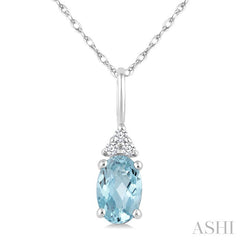 1/50 Ctw Oval Cut 6X4 MM Aquamarine and Round Cut Diamond semi-precious Pendant With Chain in 10K white Gold